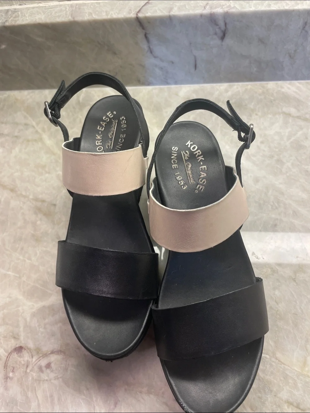 Kork-ease Women's Black and Light Creme Wedge Sandals